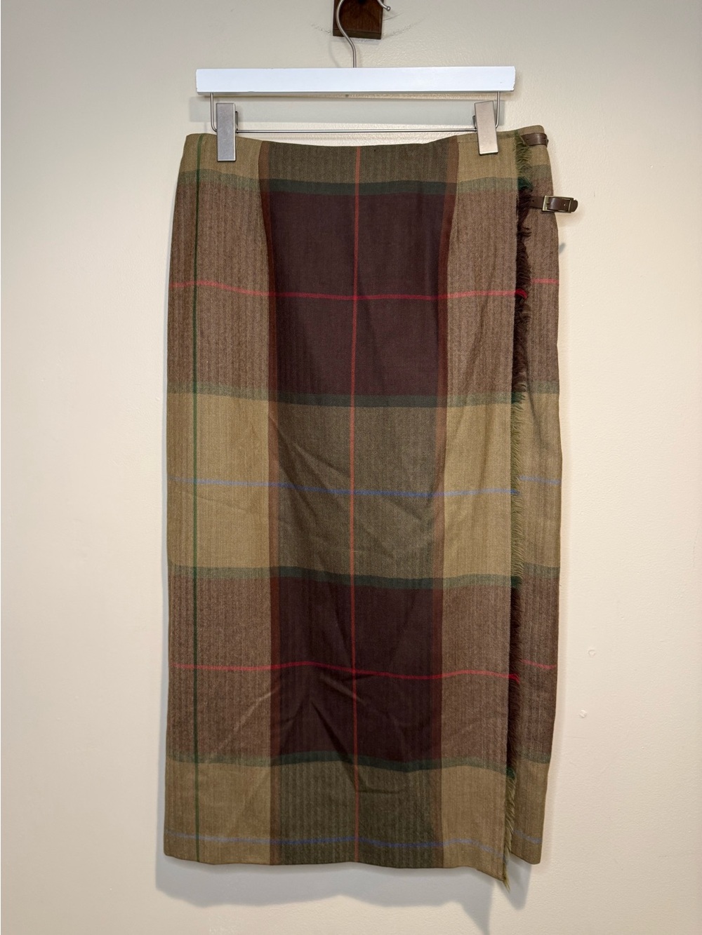 Vintage Talbots Plaid Wool Midi Wrap Skirt Fringe Buckle Wrap size 14